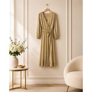 Ann Taylor Gold Pleated Maxi Dress L NWT Surplice V Neck Belted Glamour Glam